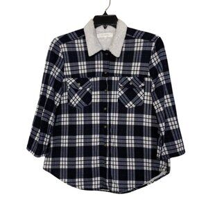 Eden & Olivia Flannel Shirt Blue and White Plaid Shacket Faux Fur Lined